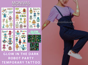 Glow in the Dark Robot Party Temporary Tattoo Sticker Set (5pcs)